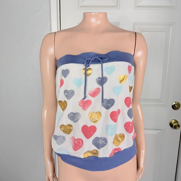 Vintage Y2k Fang Tube top Shirt Large Heart Strapless Cotton built in bra Y4-15 - Picture 1 of 7